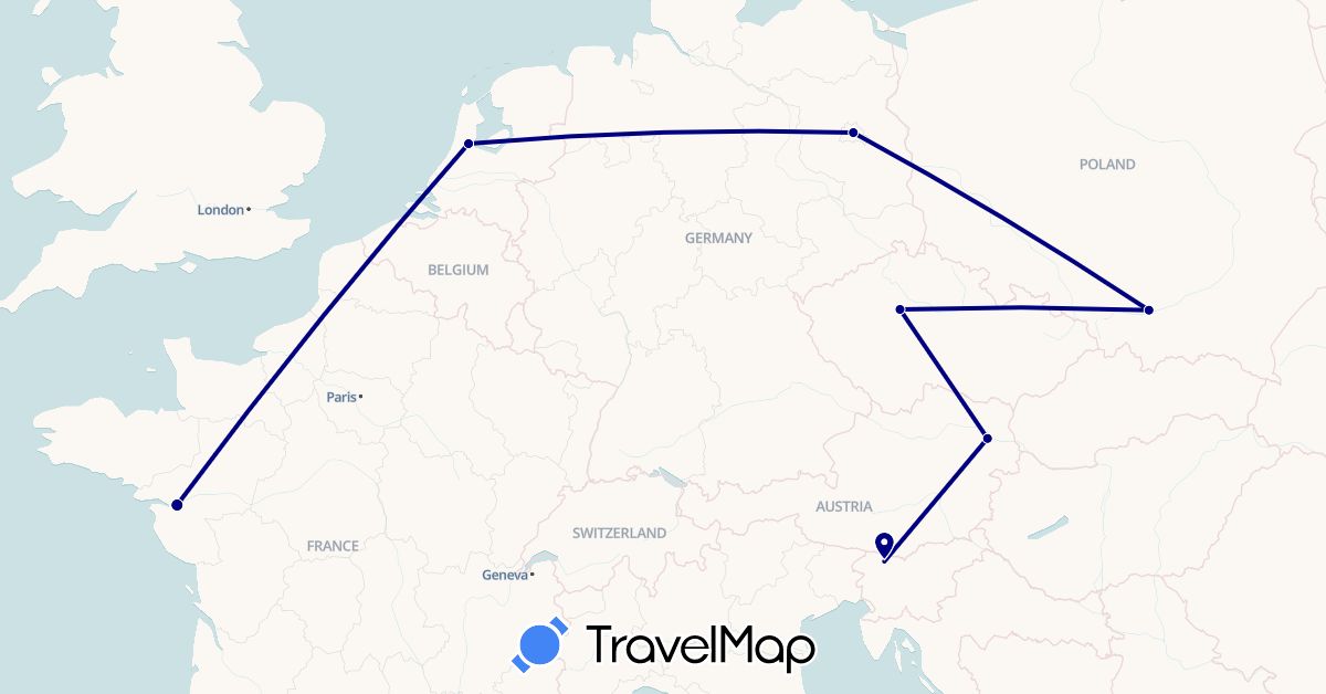 TravelMap itinerary: driving in Austria, Czech Republic, Germany, France, Netherlands, Poland, Slovenia (Europe)